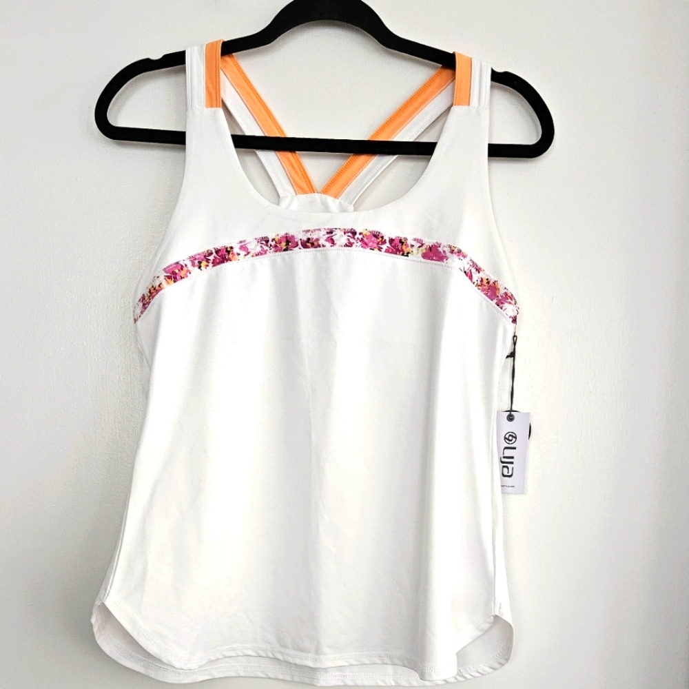 LIJA Women's Large NWT White/Floral Tennis Top W/Racerback Orange Straps